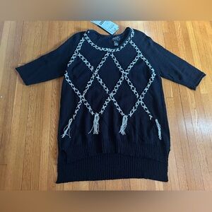 Akira Art to Wear Long-Line Black & White Braided Tassel Cotton Sweater, L, NWT